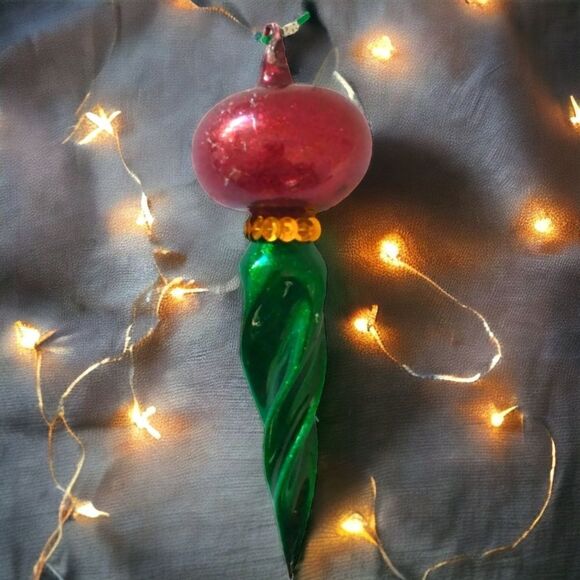 Vintage Glass Ornament Oblong Abstract Handblown Red Green Retro 70s MCM Sequins - Picture 16 of 16